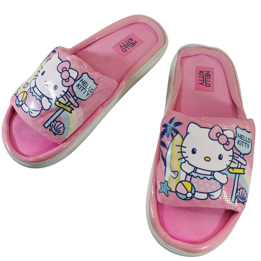 HELLO KITTY! PINK PADDED, KITTY AT THE BEACH GRAPHIC, DOTTED SLIPPERS! SZ L 8-10 - Picture 3 of 10
